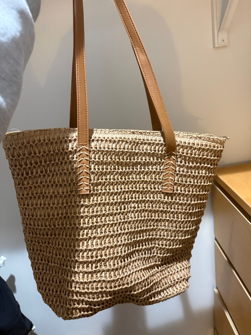 Woven Straw Tote Bag with Tan Handles